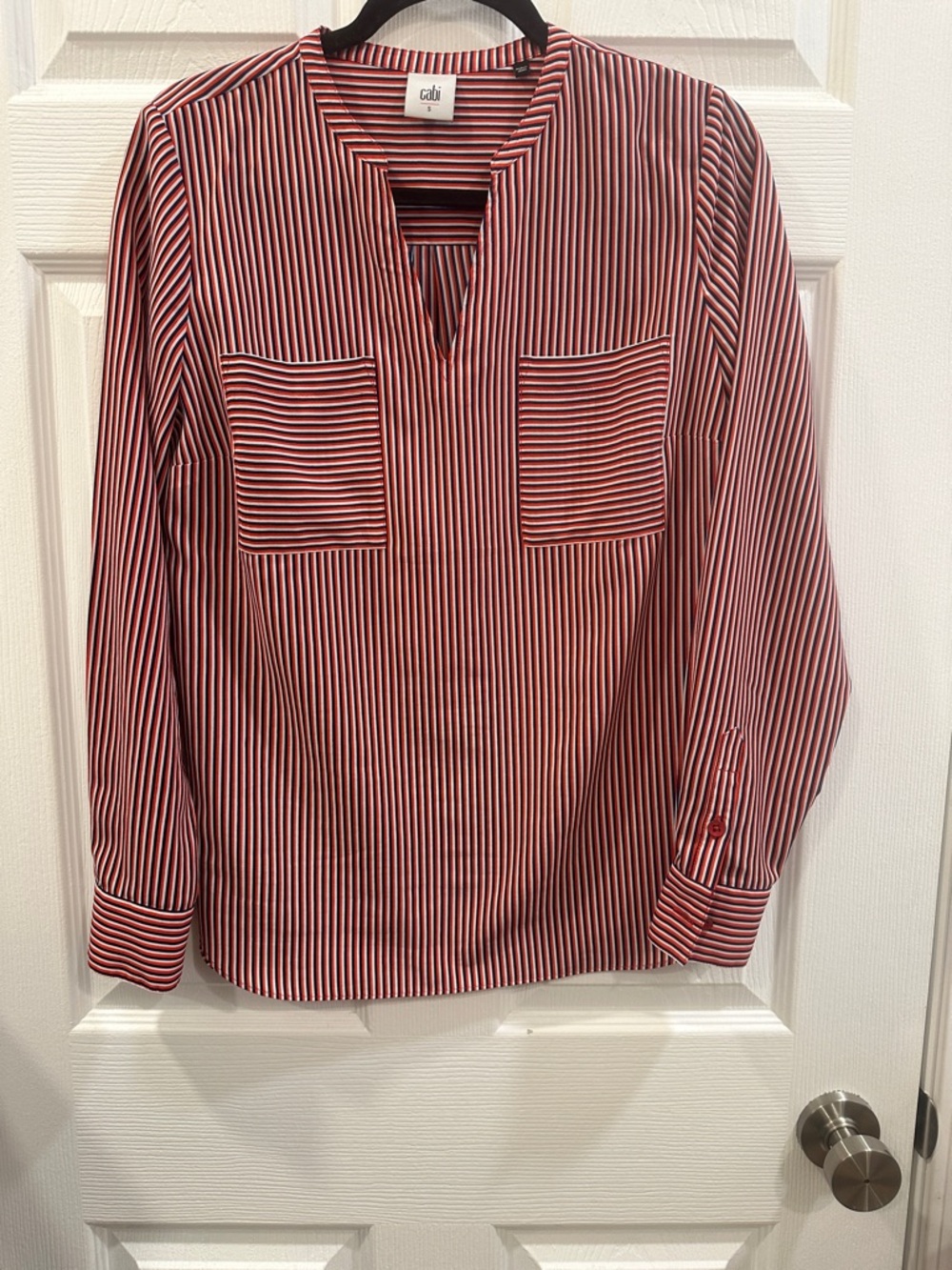 CAbi Red blue and White Striped with 2 Chest Pockets Long Sleeve Blouse Size S